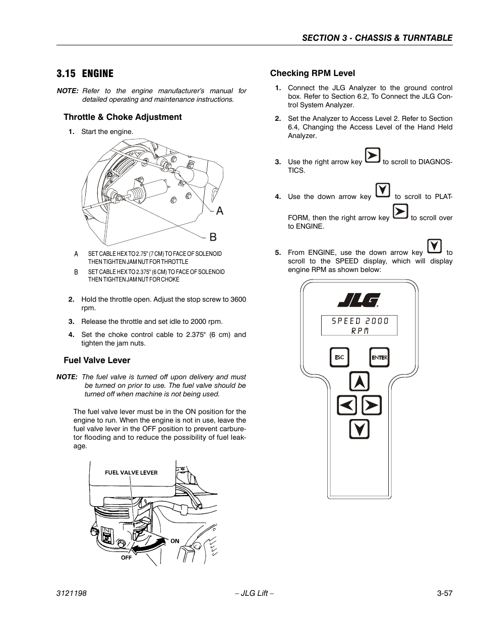 15 engine, Throttle & choke adjustment, Fuel valve lever | Checking rpm level, Engine -57 | JLG T350 Service Manual User Manual | Page 93 / 230