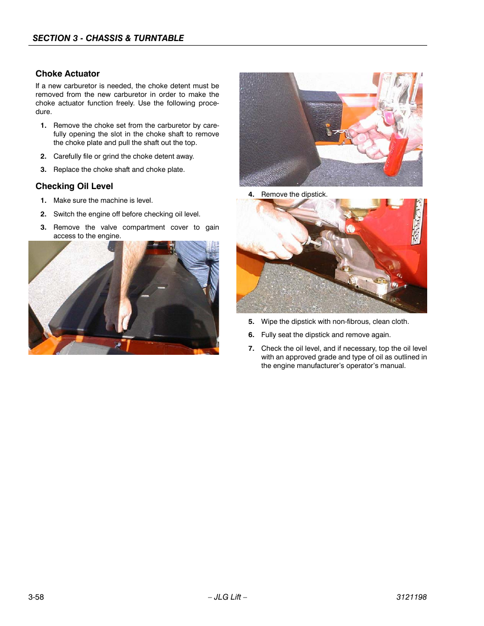 Choke actuator, Checking oil level, Choke actuator -58 checking oil level -58 | JLG T350 Service Manual User Manual | Page 94 / 230