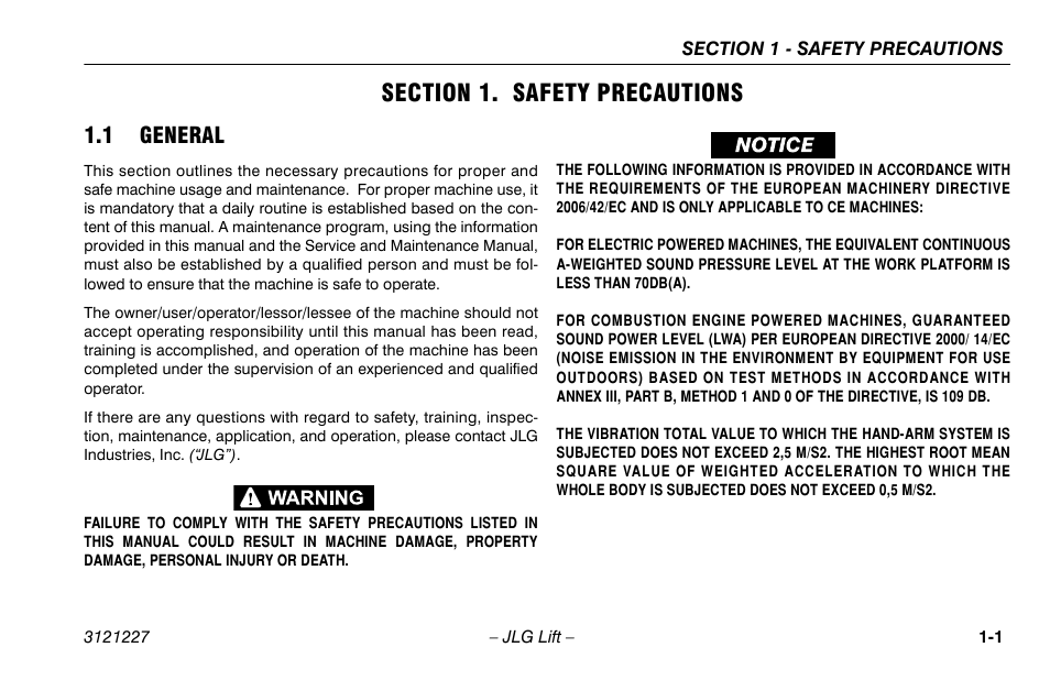 Section 1. safety precautions, 1 general, Section - 1 - safety precautions | 1 general -1 | JLG 10MSP Operator Manual User Manual | Page 11 / 96
