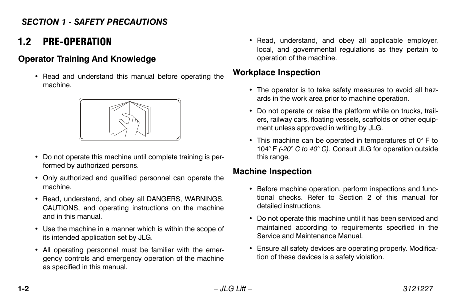 2 pre-operation, Operator training and knowledge, Workplace inspection | Machine inspection, Workplace inspection -2 machine inspection -2 | JLG 10MSP Operator Manual User Manual | Page 12 / 96