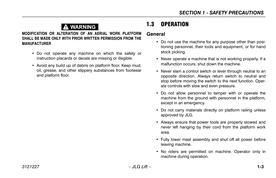 3 operation, General, 3 operation -3 | General -3 | JLG 10MSP Operator Manual User Manual | Page 13 / 96