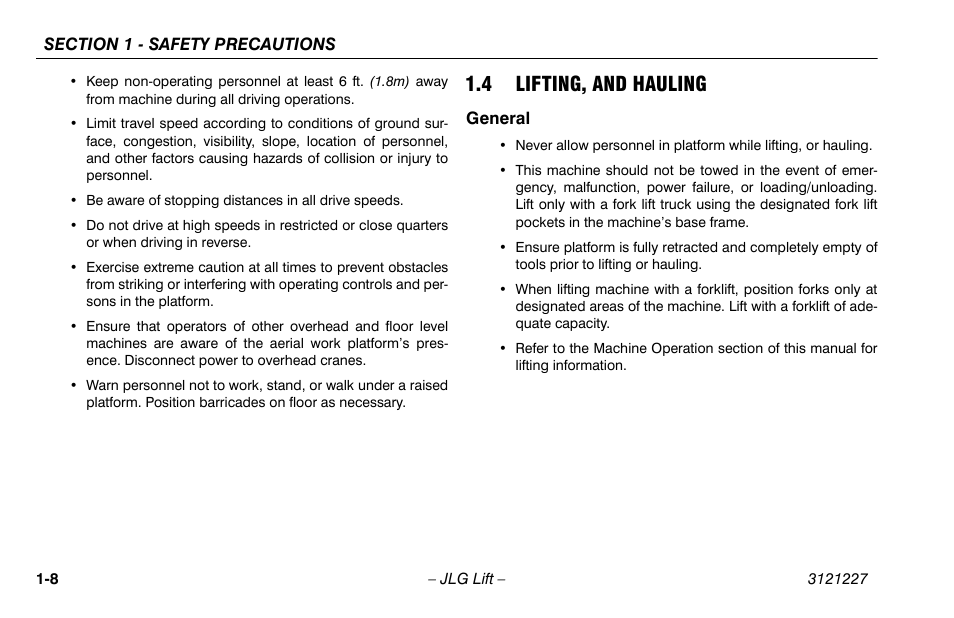 4 lifting, and hauling, General, 4 lifting, and hauling -8 | General -8 | JLG 10MSP Operator Manual User Manual | Page 18 / 96