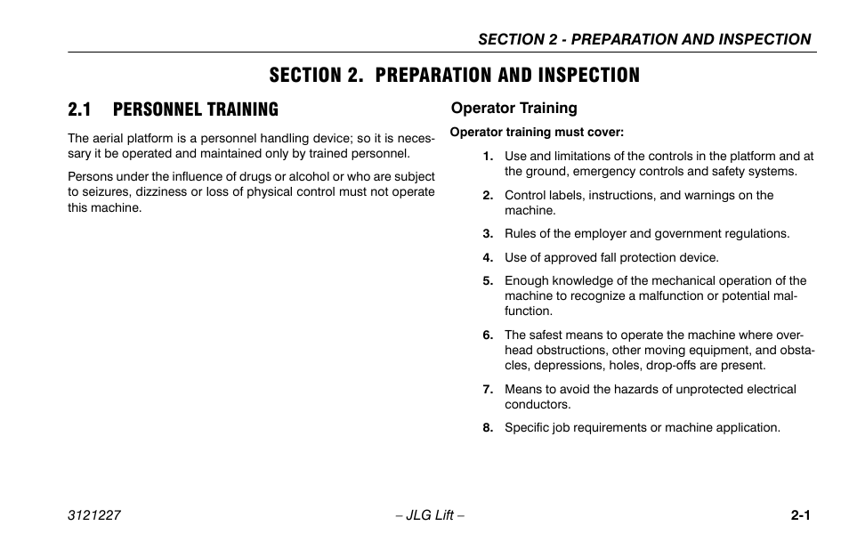Section 2. preparation and inspection, 1 personnel training, Operator training | Section - 2 - preparation and inspection, 1 personnel training -1, Operator training -1 | JLG 10MSP Operator Manual User Manual | Page 19 / 96