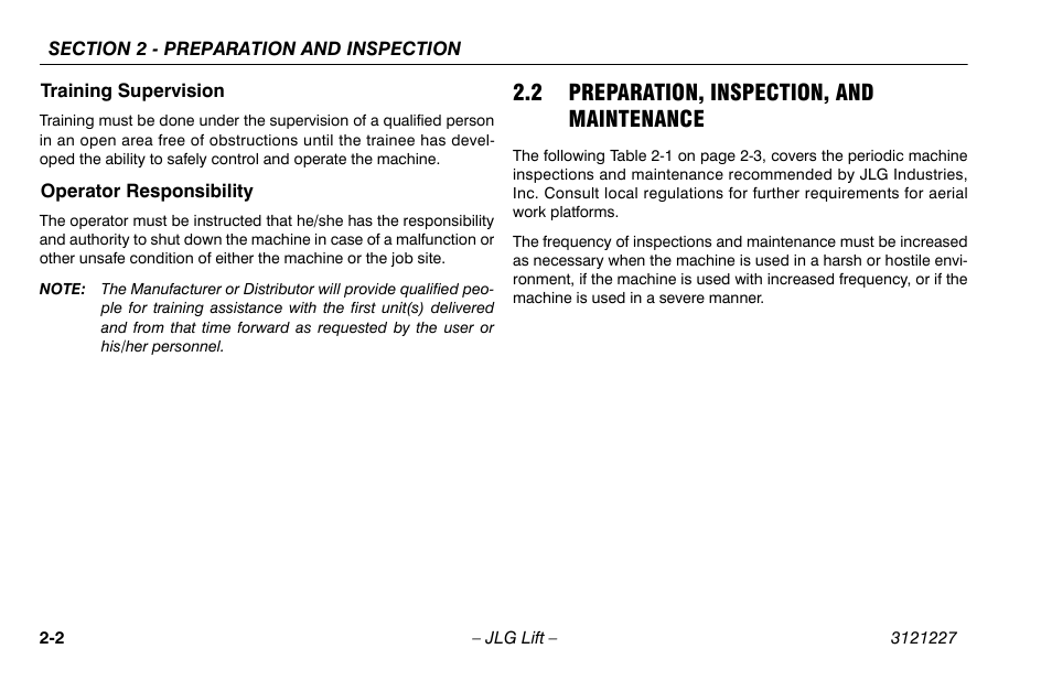 Training supervision, Operator responsibility, 2 preparation, inspection, and maintenance | Training supervision -2 operator responsibility -2, 2 preparation, inspection, and, Maintenance -2 | JLG 10MSP Operator Manual User Manual | Page 20 / 96