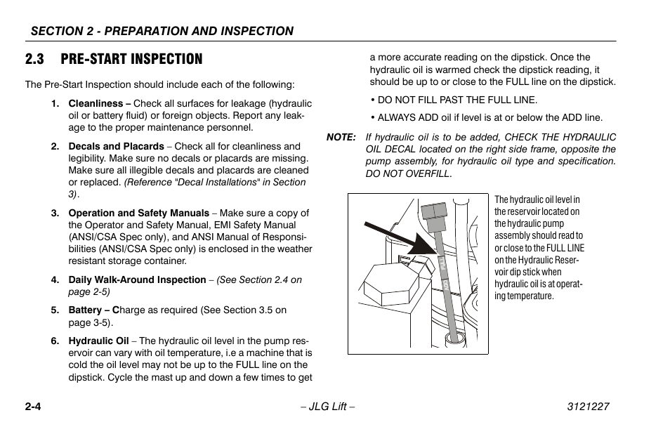 3 pre-start inspection, 3 pre-start inspection -4 | JLG 10MSP Operator Manual User Manual | Page 22 / 96