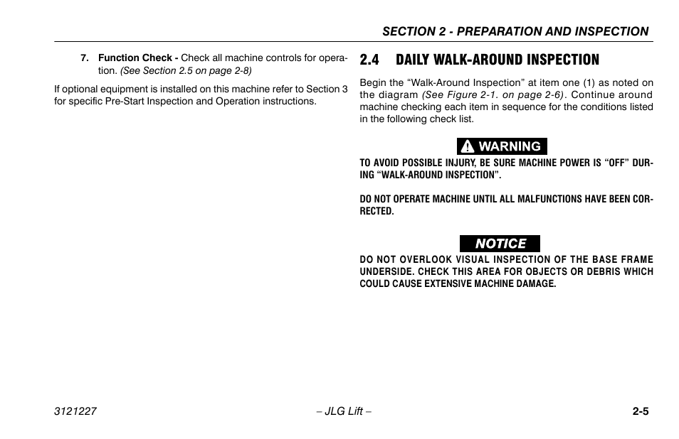 4 daily walk-around inspection, 4 daily walk-around inspection -5, See section 2.4 on | JLG 10MSP Operator Manual User Manual | Page 23 / 96