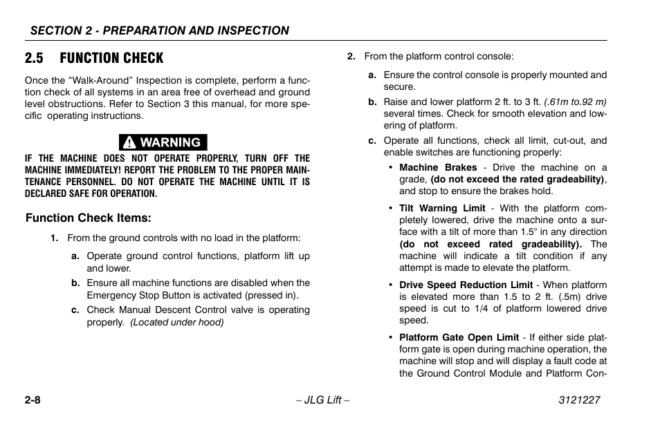 5 function check, Function check items, 5 function check -8 | Function check items: -8 | JLG 10MSP Operator Manual User Manual | Page 26 / 96