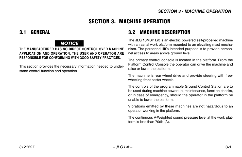 Section 3. machine operation, 1 general, 2 machine description | Section - 3 - machine operation, 1 general -1 3.2 machine description -1 | JLG 10MSP Operator Manual User Manual | Page 29 / 96