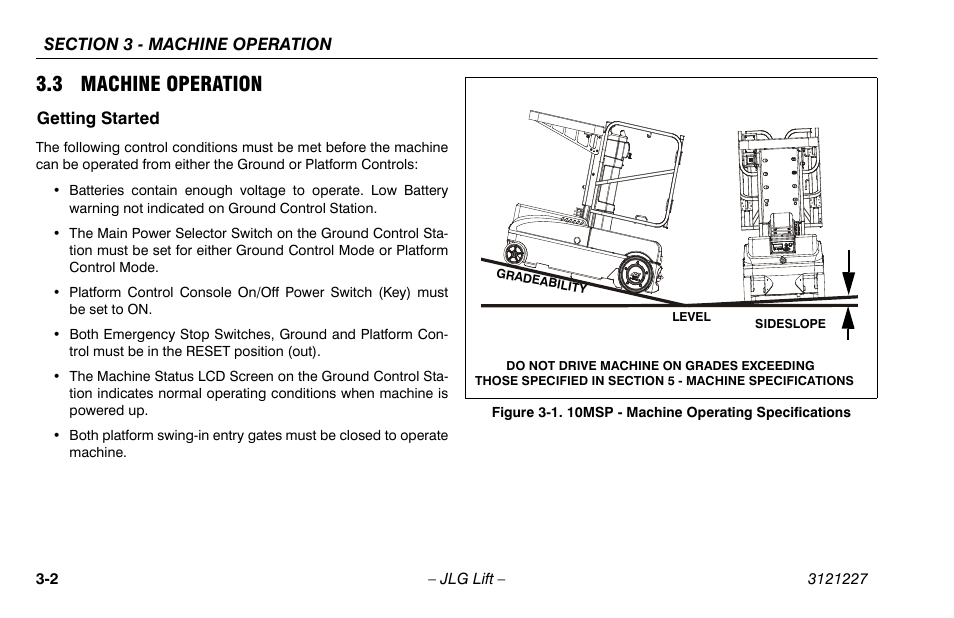 3 machine operation, Getting started, 3 machine operation -2 | Getting started -2, 10msp - machine operating specifications -2 | JLG 10MSP Operator Manual User Manual | Page 30 / 96