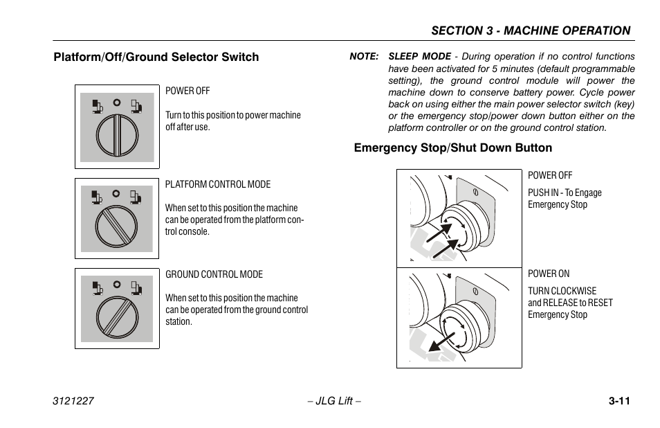 Platform/off/ground selector switch, Emergency stop/shut down button | JLG 10MSP Operator Manual User Manual | Page 39 / 96