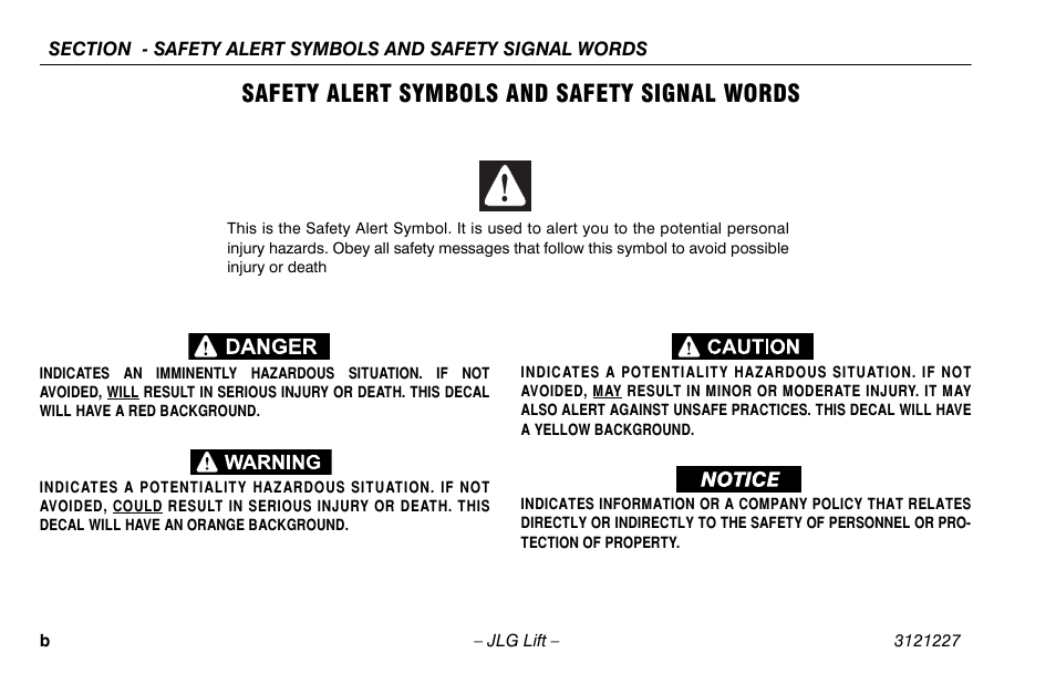 Safety alert symbols and safety signal words | JLG 10MSP Operator Manual User Manual | Page 4 / 96