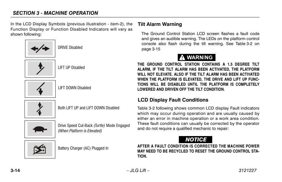 Tilt alarm warning, Lcd display fault conditions | JLG 10MSP Operator Manual User Manual | Page 42 / 96