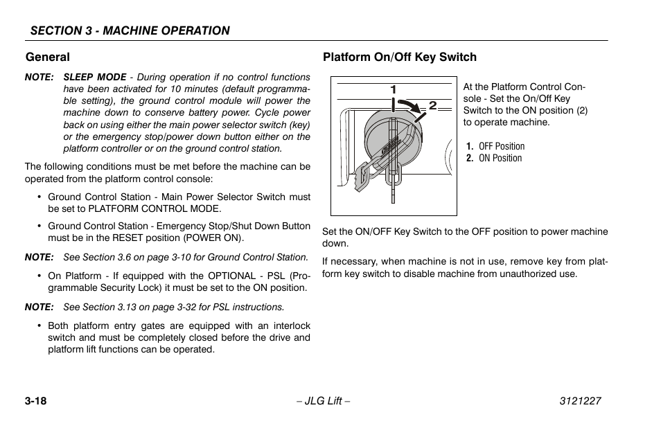 General, Platform on/off key switch, General -18 platform on/off key switch -18 | JLG 10MSP Operator Manual User Manual | Page 46 / 96