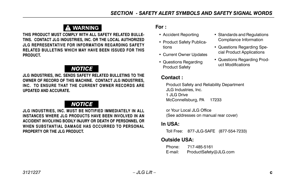 Contact, In usa, Outside usa | JLG 10MSP Operator Manual User Manual | Page 5 / 96