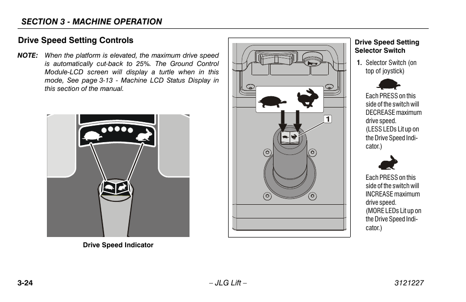 Drive speed setting controls, Drive speed setting controls -24 | JLG 10MSP Operator Manual User Manual | Page 52 / 96