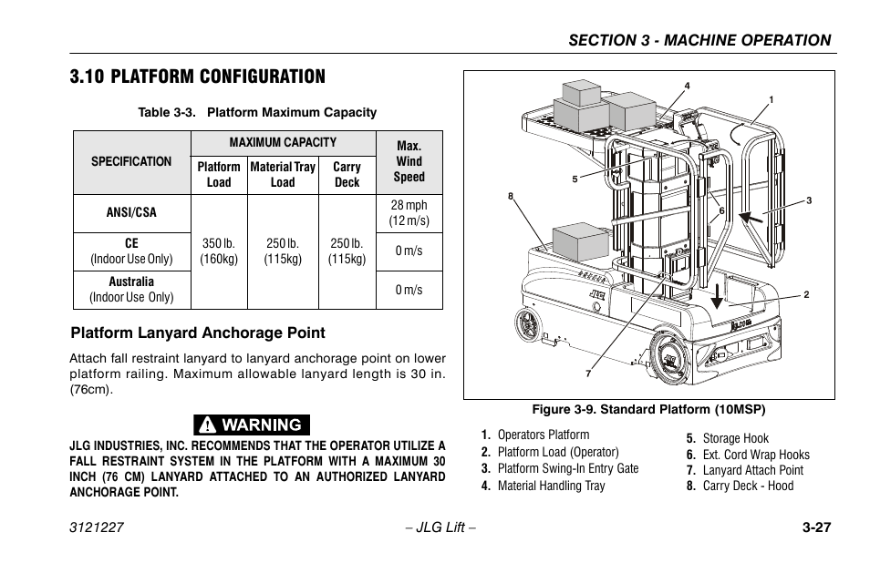 10 platform configuration, Platform lanyard anchorage point, 10 platform configuration -27 | Platform lanyard anchorage point -27, Standard platform (10msp) -27, Platform maximum capacity -27 | JLG 10MSP Operator Manual User Manual | Page 55 / 96