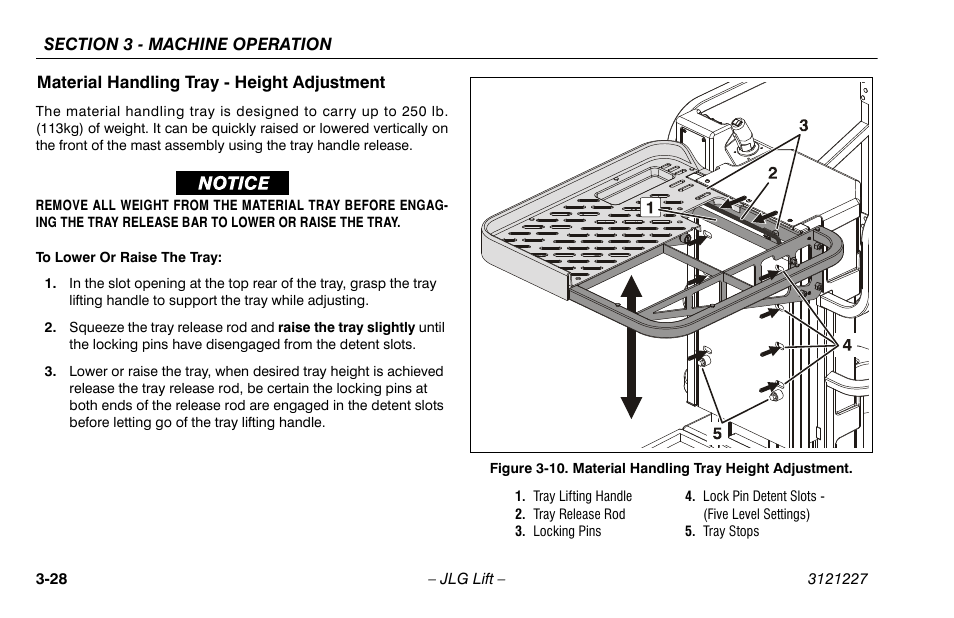 Material handling tray - height adjustment, Material handling tray - height adjustment -28, 10. material handling tray height adjustment -28 | JLG 10MSP Operator Manual User Manual | Page 56 / 96