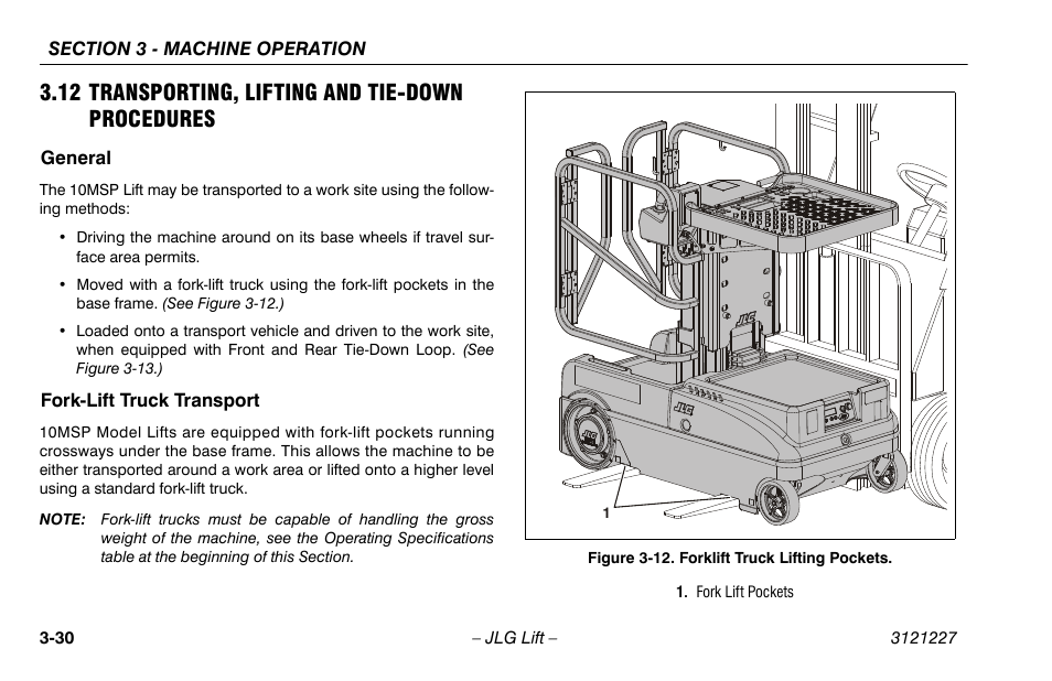 12 transporting, lifting and tie-down procedures, General, Fork-lift truck transport | 12 transporting, lifting and tie-down proce, Dures -30, General -30 fork-lift truck transport -30, 12. forklift truck lifting pockets -30 | JLG 10MSP Operator Manual User Manual | Page 58 / 96