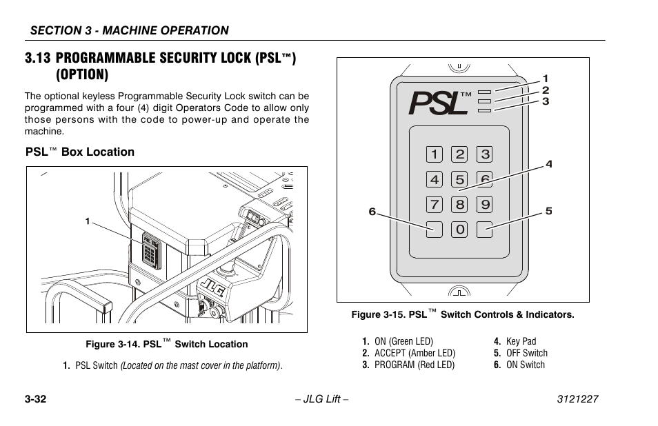 13 programmable security lock (psl™) (option), Psl™ box location, 13 programmable security lock (psl™) | Option) -32, Psl™ box location -32 | JLG 10MSP Operator Manual User Manual | Page 60 / 96