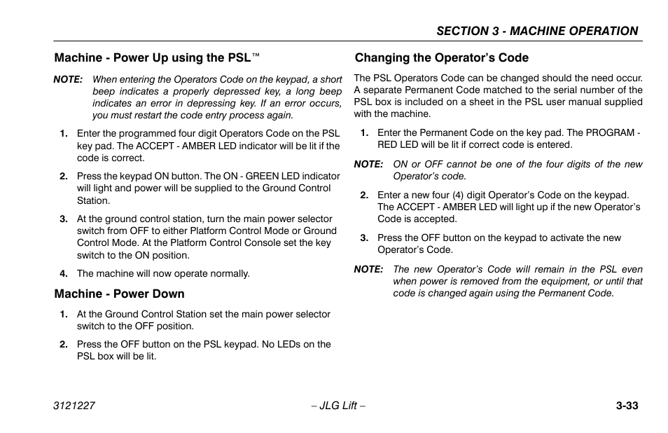 Machine - power up using the psl, Machine - power down, Changing the operator’s code | JLG 10MSP Operator Manual User Manual | Page 61 / 96