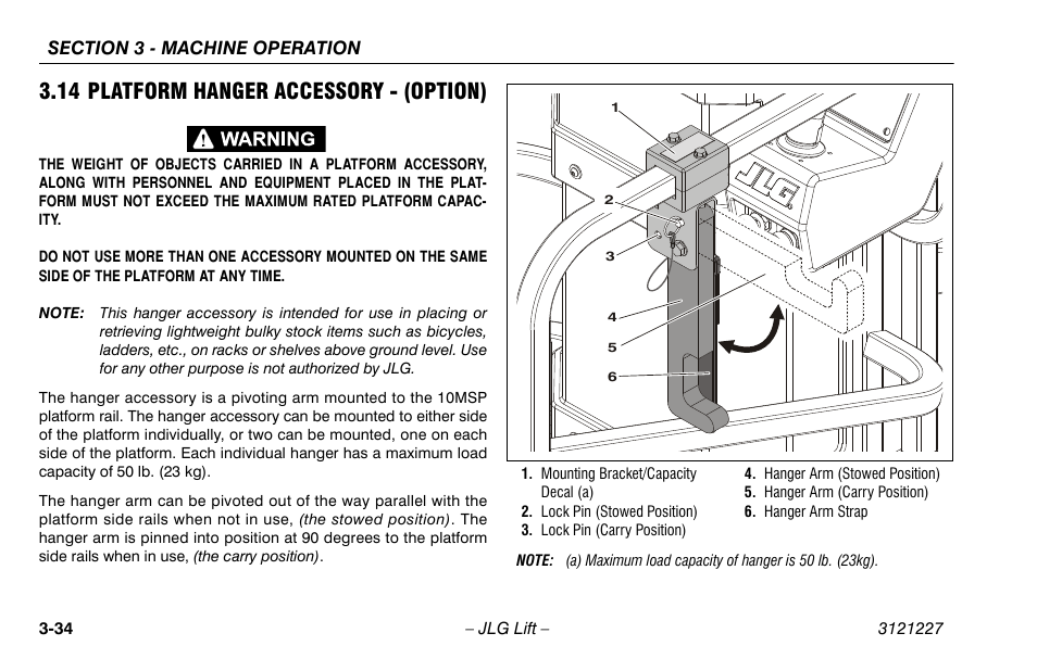 14 platform hanger accessory - (option), 14 platform hanger accessory - (option) -34 | JLG 10MSP Operator Manual User Manual | Page 62 / 96