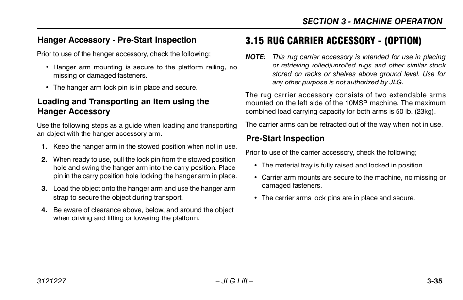 Hanger accessory - pre-start inspection, 15 rug carrier accessory - (option), Pre-start inspection | 15 rug carrier accessory - (option) -35, Pre-start inspection -35 | JLG 10MSP Operator Manual User Manual | Page 63 / 96