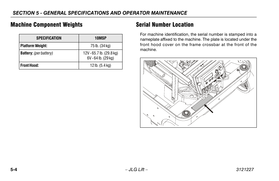 Machine component weights, Serial number location, Machine component weights serial number location | JLG 10MSP Operator Manual User Manual | Page 78 / 96
