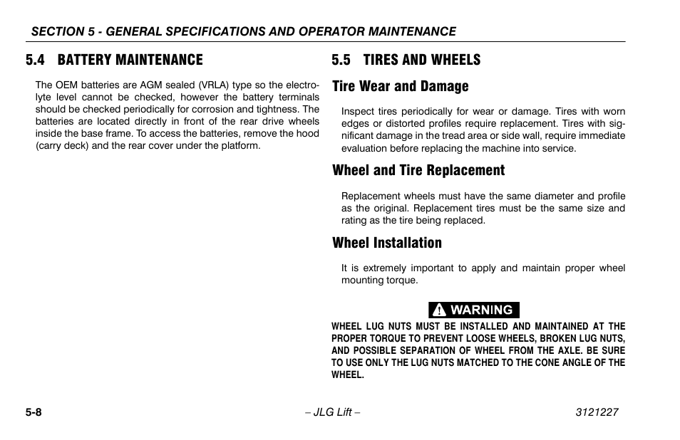 4 battery maintenance, 5 tires and wheels, Tire wear and damage | Wheel and tire replacement, Wheel installation, 4 battery maintenance -8 5.5 tires and wheels -8, 5 tires and wheels tire wear and damage | JLG 10MSP Operator Manual User Manual | Page 82 / 96