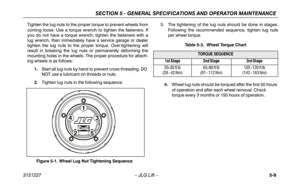 Wheel lug nut tightening sequence -9, Wheel torque chart -9 | JLG 10MSP Operator Manual User Manual | Page 83 / 96