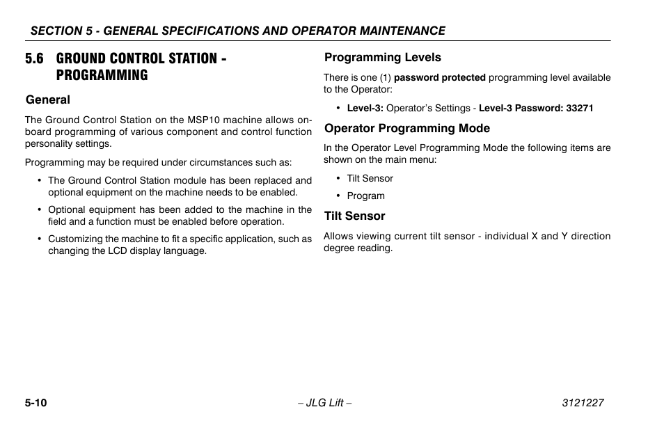 6 ground control station - programming, General, Programming levels | Operator programming mode, Tilt sensor, 6 ground control station-programming -10 | JLG 10MSP Operator Manual User Manual | Page 84 / 96