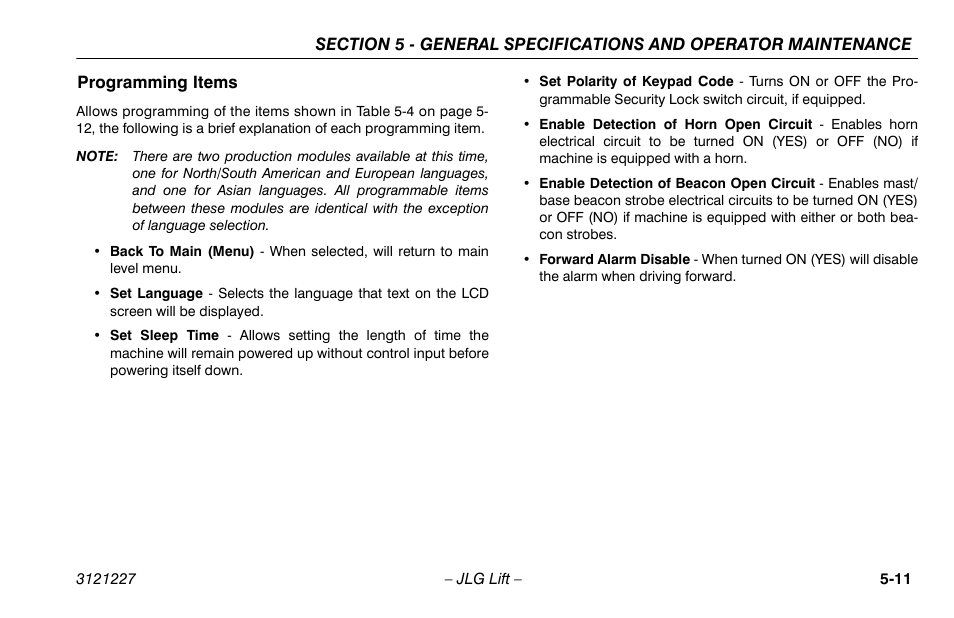 Programming items, Programming items -11 | JLG 10MSP Operator Manual User Manual | Page 85 / 96