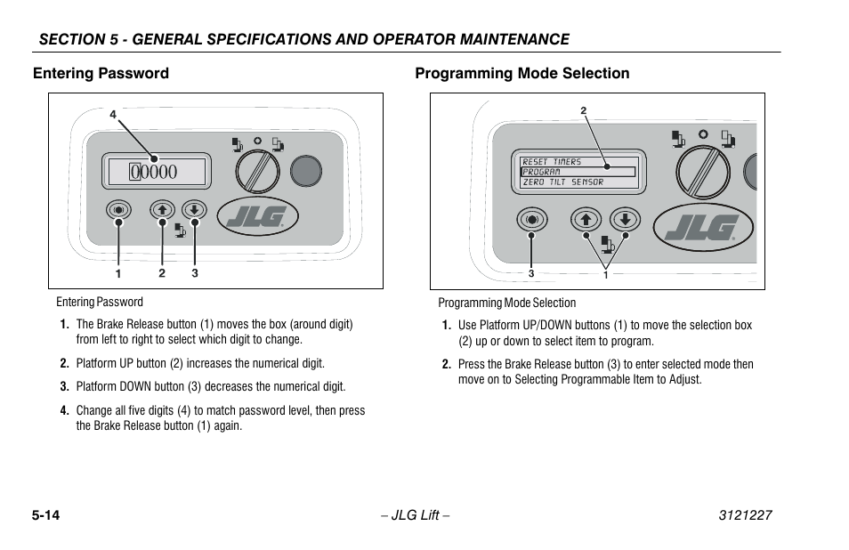 Entering password, Programming mode selection | JLG 10MSP Operator Manual User Manual | Page 88 / 96