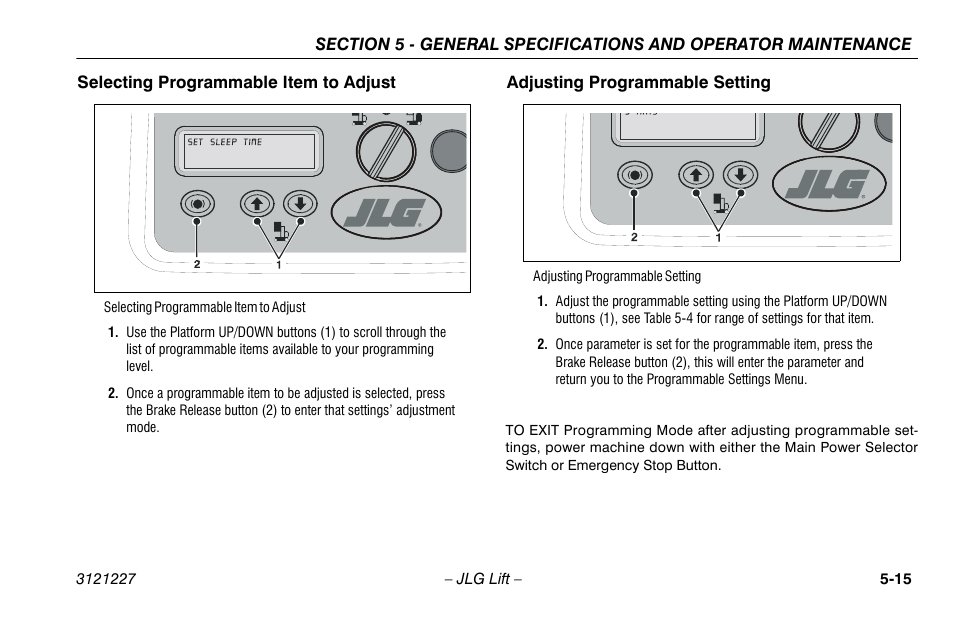 Selecting programmable item to adjust, Adjusting programmable setting | JLG 10MSP Operator Manual User Manual | Page 89 / 96