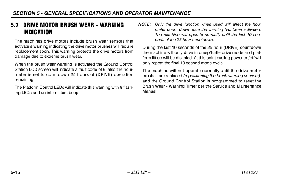 7 drive motor brush wear - warning indication, 7 drive motor brush wear, Warning indication -16 | JLG 10MSP Operator Manual User Manual | Page 90 / 96