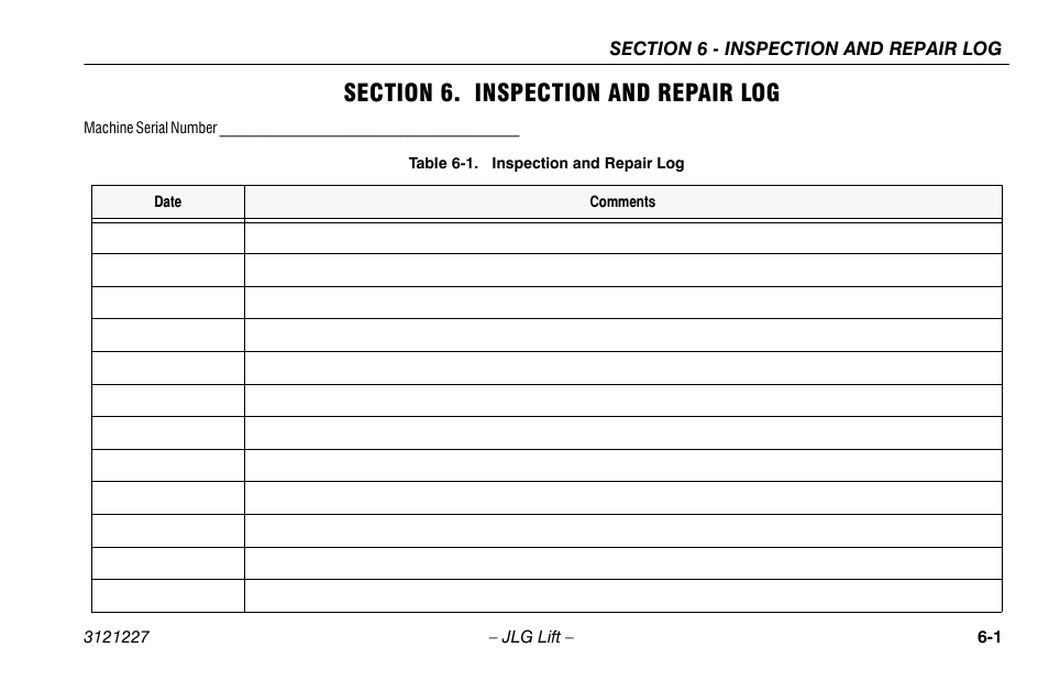 Section 6. inspection and repair log, Section - 6 - inspection and repair log, Inspection and repair log -1 | JLG 10MSP Operator Manual User Manual | Page 91 / 96