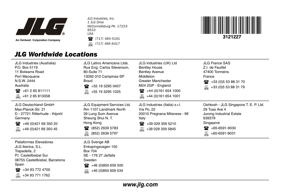 Jlg worldwide locations | JLG 10MSP Operator Manual User Manual | Page 96 / 96