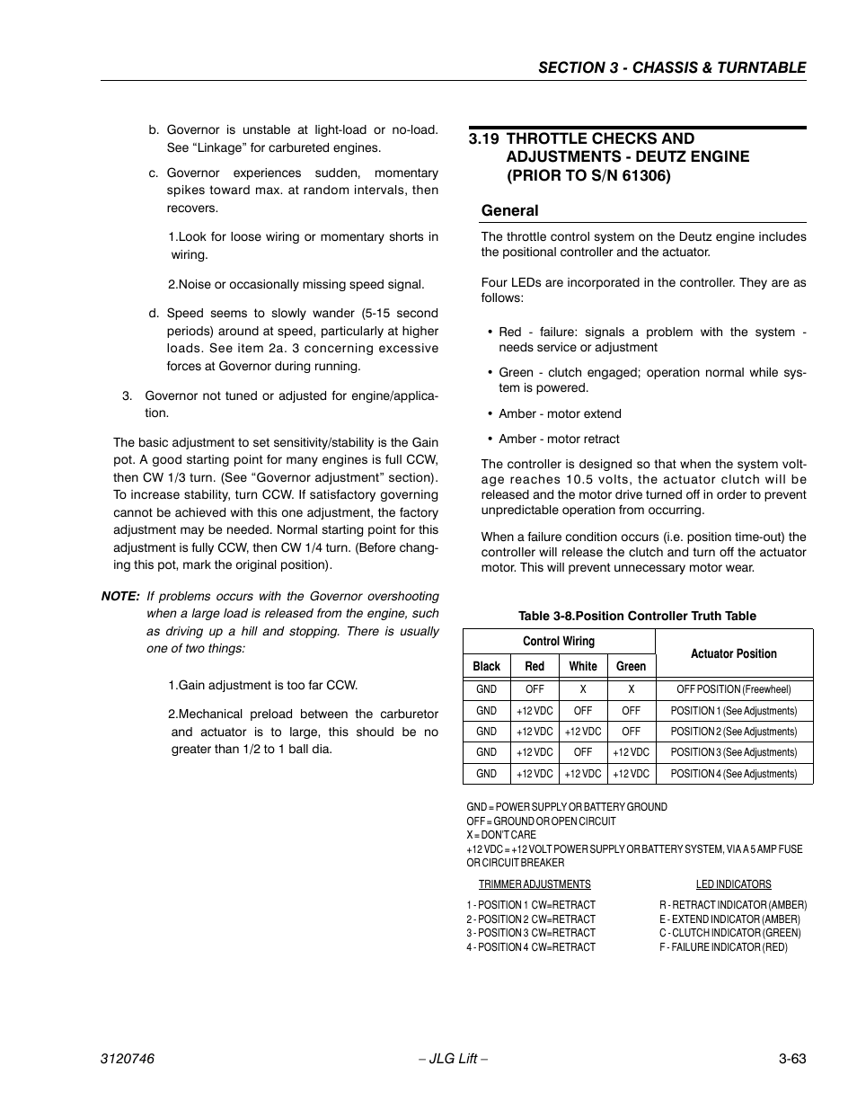 General, General -63, Position controller truth table -63 | JLG 601S ANSI Service Manual User Manual | Page 103 / 244