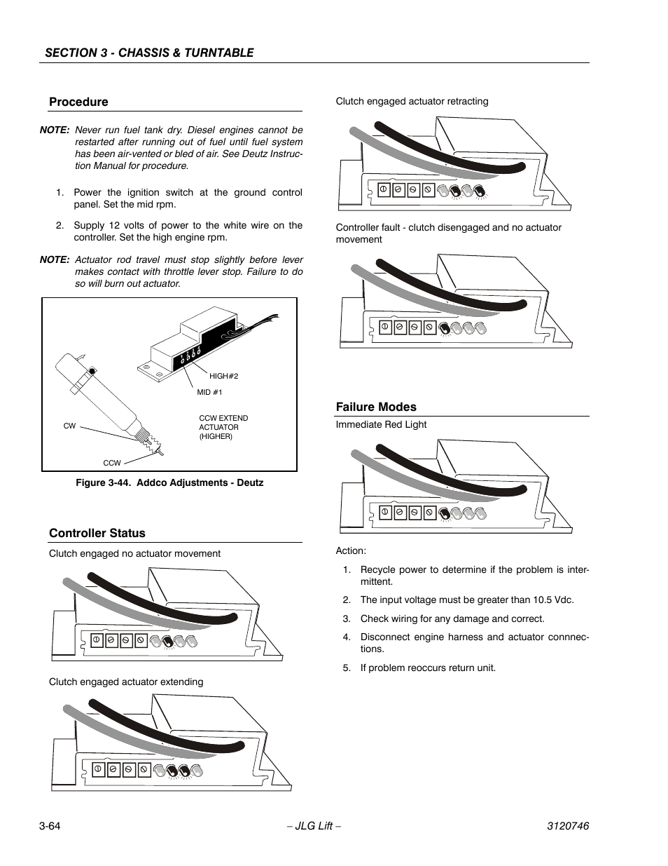 Procedure, Controller status, Failure modes | Addco adjustments - deutz -64 | JLG 601S ANSI Service Manual User Manual | Page 104 / 244