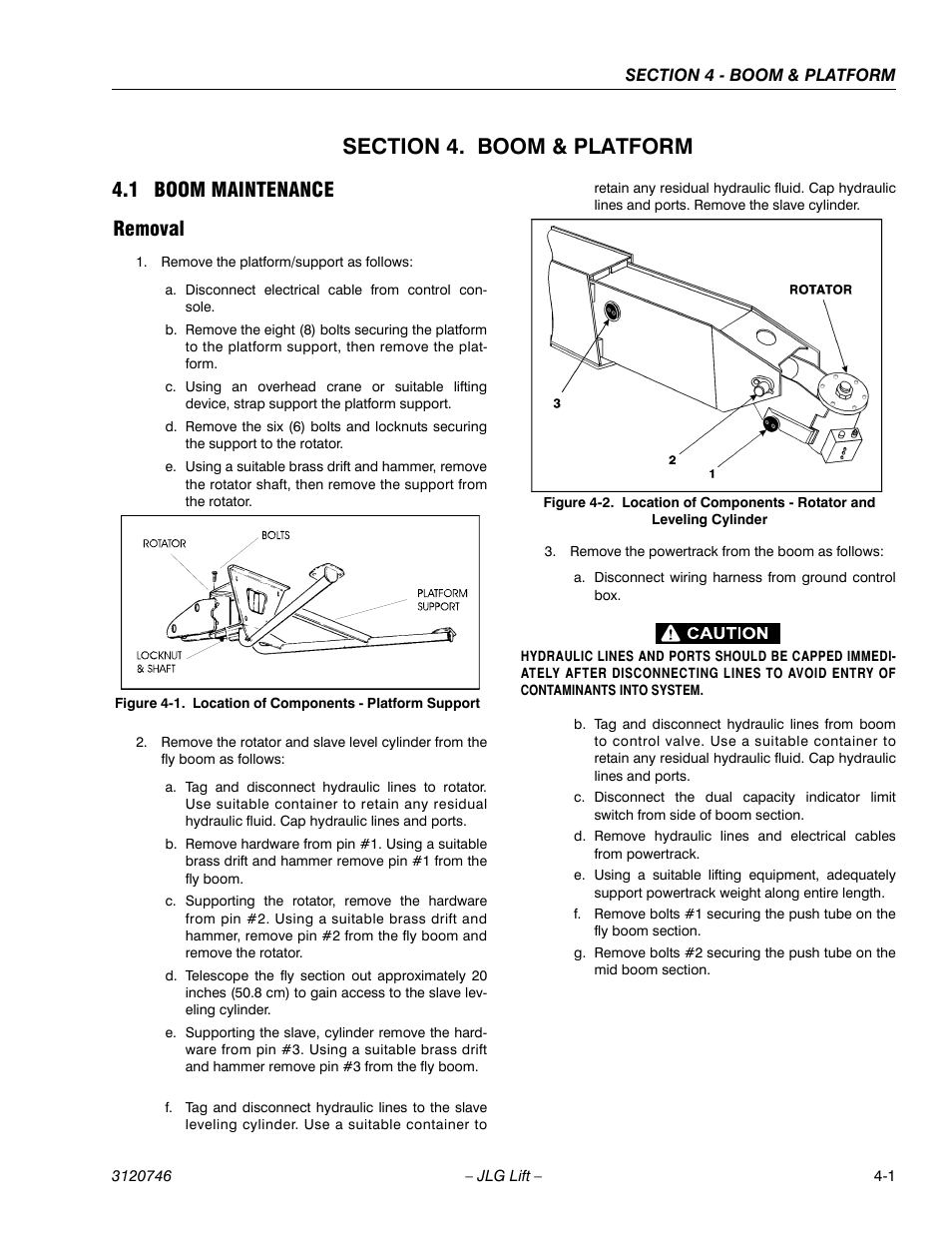 Section 4. boom & platform, 1 boom maintenance, Removal | Section 4 - boom & platform, Boom maintenance -1, Removal -1, Location of components - platform support -1, 1 boom maintenance removal | JLG 601S ANSI Service Manual User Manual | Page 129 / 244