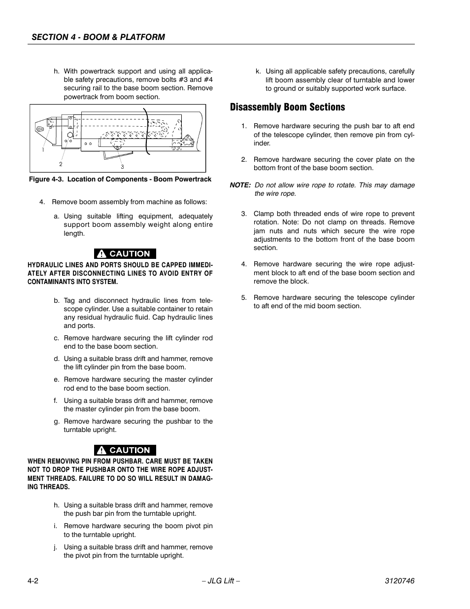 Disassembly boom sections, Disassembly boom sections -2, Location of components - boom powertrack -2 | JLG 601S ANSI Service Manual User Manual | Page 130 / 244