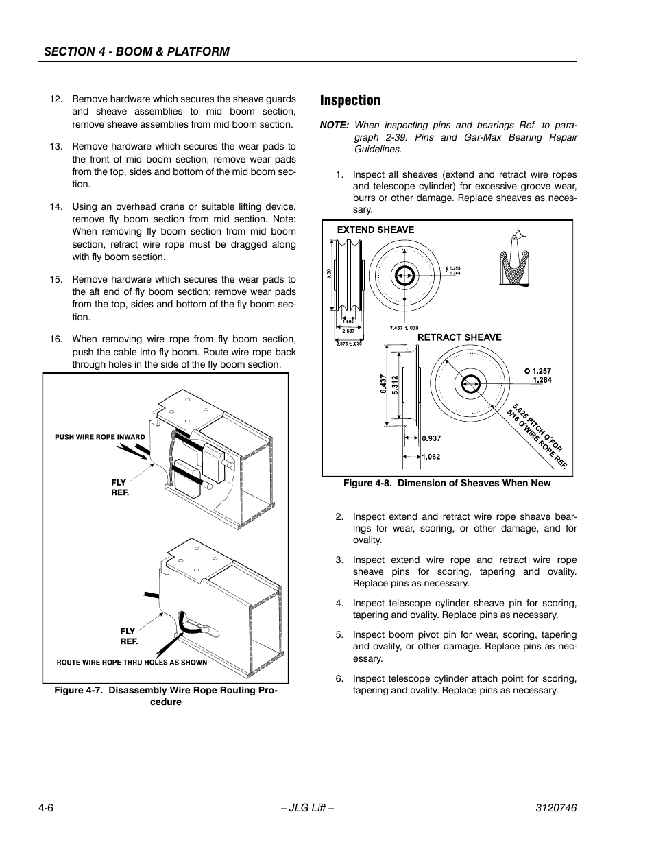 Inspection, Inspection -6, Disassembly wire rope routing procedure -6 | Dimension of sheaves when new -6 | JLG 601S ANSI Service Manual User Manual | Page 134 / 244