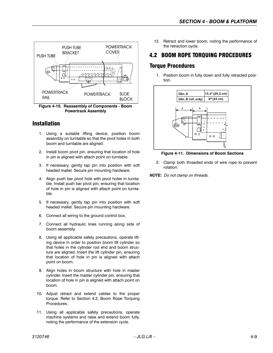 Installation, 2 boom rope torquing procedures, Torque procedures | Installation -9, Boom rope torquing procedures -9, Torque procedures -9, Dimensions of boom sections -9, 2 boom rope torquing procedures torque procedures | JLG 601S ANSI Service Manual User Manual | Page 137 / 244