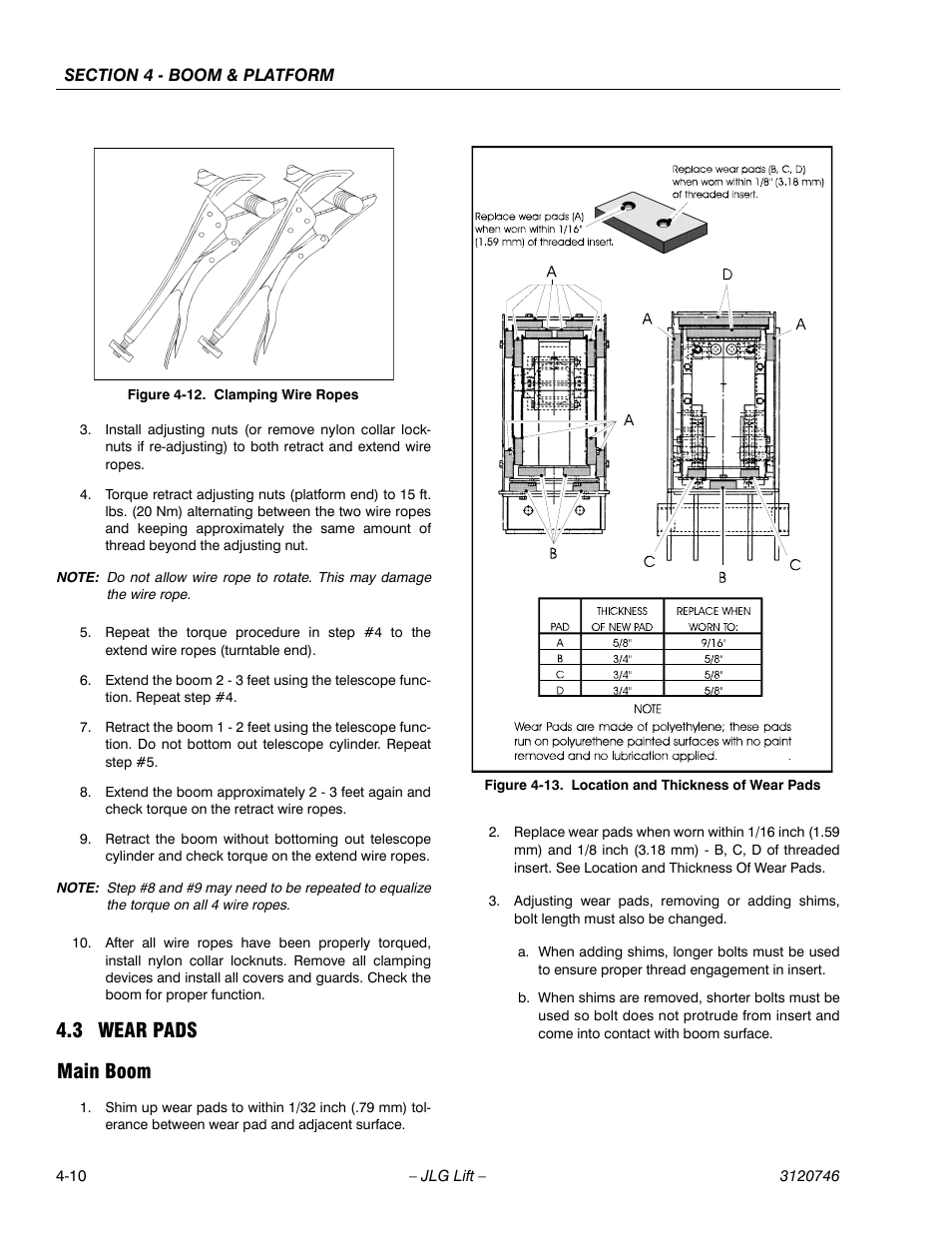 3 wear pads, Main boom, Wear pads -10 | Main boom -10, Clamping wire ropes -10, Location and thickness of wear pads -10, 3 wear pads main boom | JLG 601S ANSI Service Manual User Manual | Page 138 / 244