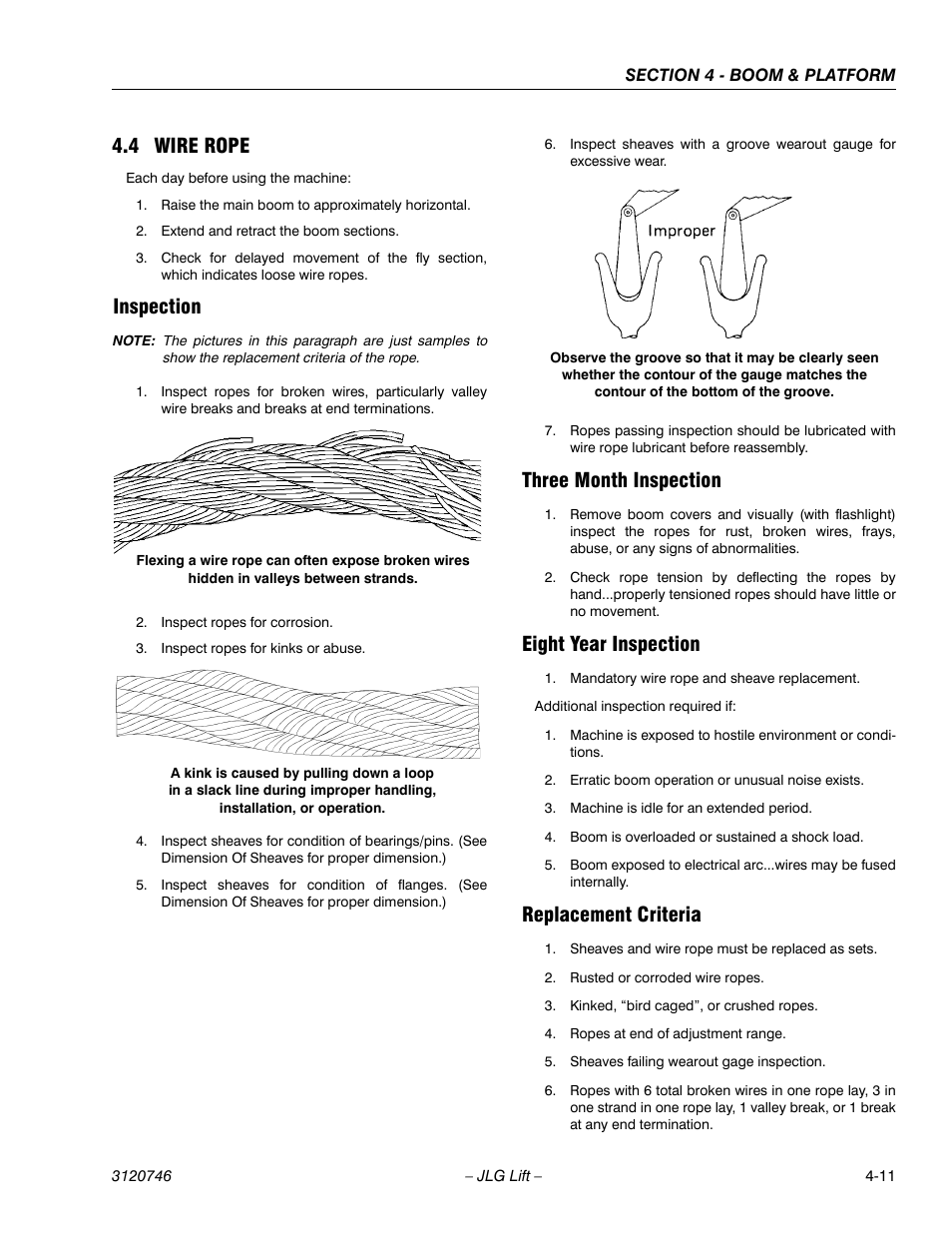 4 wire rope, Inspection, Three month inspection | Eight year inspection, Replacement criteria, Wire rope -11 | JLG 601S ANSI Service Manual User Manual | Page 139 / 244