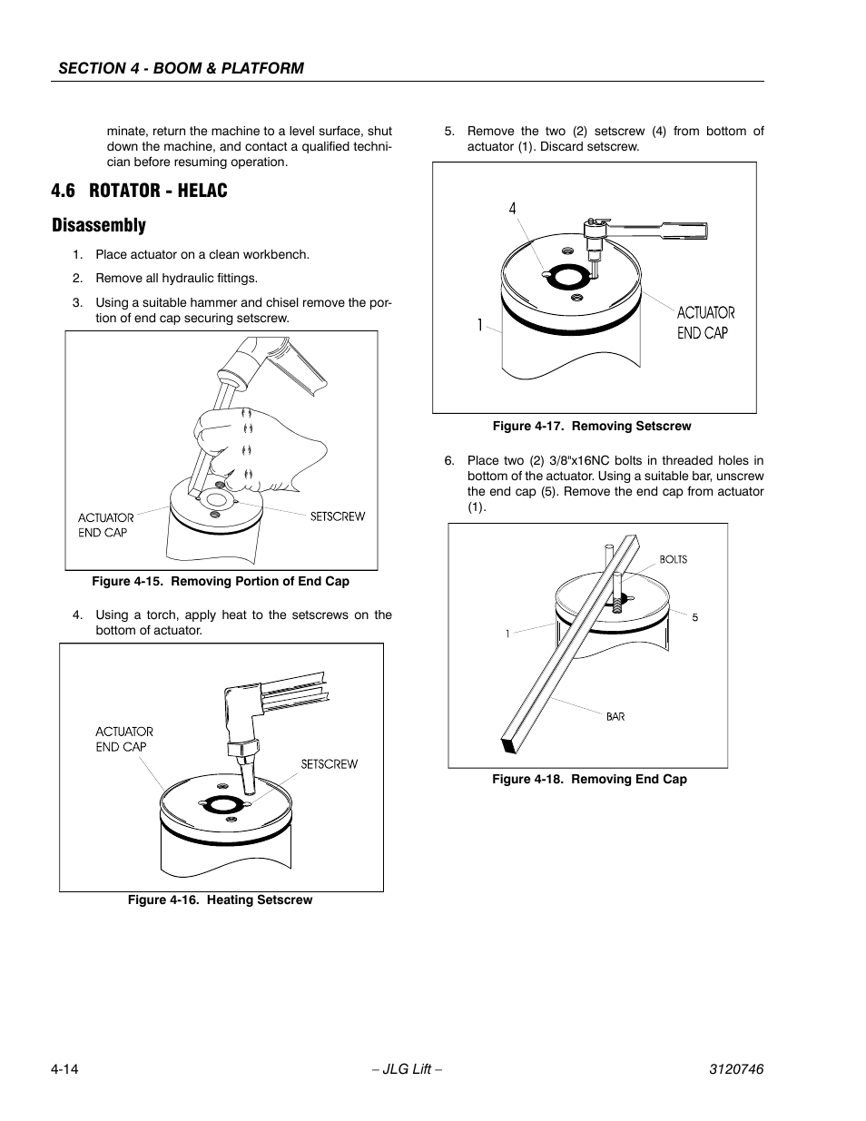 6 rotator - helac, Disassembly, Rotator - helac -14 | Disassembly -14, Removing portion of end cap -14, Heating setscrew -14, Removing setscrew -14, Removing end cap -14, 6 rotator - helac disassembly | JLG 601S ANSI Service Manual User Manual | Page 142 / 244