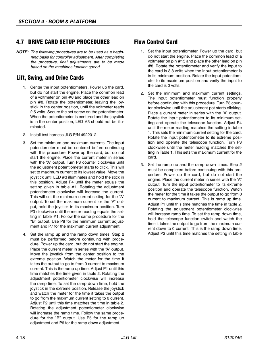 7 drive card setup procedures, Lift, swing, and drive cards, Flow control card | Drive card setup procedures -18 | JLG 601S ANSI Service Manual User Manual | Page 146 / 244