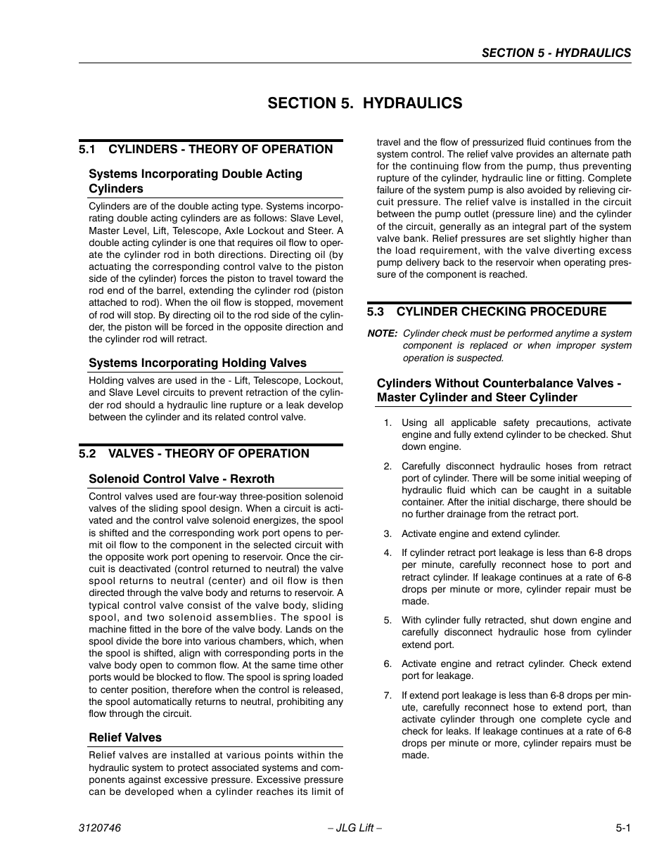 Section 5. hydraulics, 1 cylinders - theory of operation, Systems incorporating double acting cylinders | Systems incorporating holding valves, 2 valves - theory of operation, Solenoid control valve - rexroth, Relief valves, 3 cylinder checking procedure, Section 5 - hydraulics, Cylinders - theory of operation -1 | JLG 601S ANSI Service Manual User Manual | Page 149 / 244