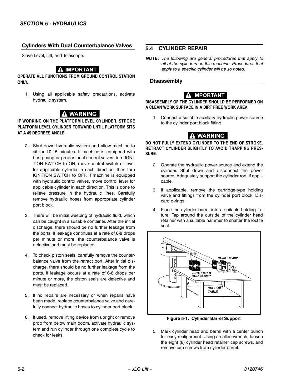 Cylinders with dual counterbalance valves, 4 cylinder repair, Disassembly | Cylinders with dual counterbalance valves -2, Cylinder repair -2, Disassembly -2, Cylinder barrel support -2 | JLG 601S ANSI Service Manual User Manual | Page 150 / 244