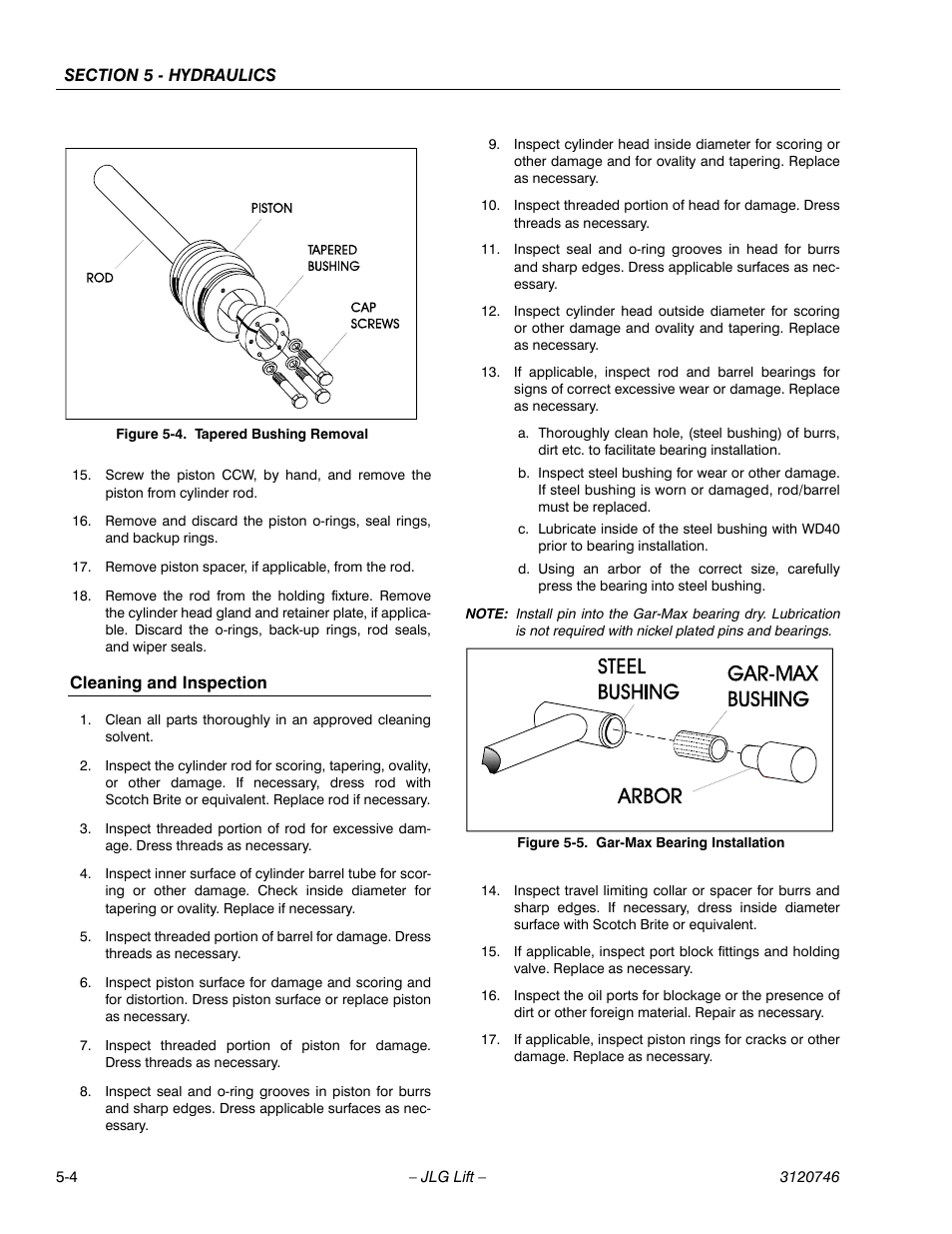 Cleaning and inspection, Cleaning and inspection -4, Tapered bushing removal -4 | Gar-max bearing installation -4 | JLG 601S ANSI Service Manual User Manual | Page 152 / 244