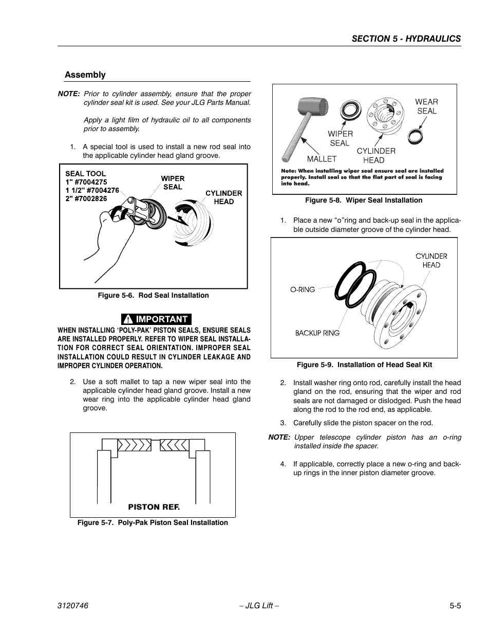 Assembly, Assembly -5, Rod seal installation -5 | Poly-pak piston seal installation -5, Wiper seal installation -5, Installation of head seal kit -5 | JLG 601S ANSI Service Manual User Manual | Page 153 / 244